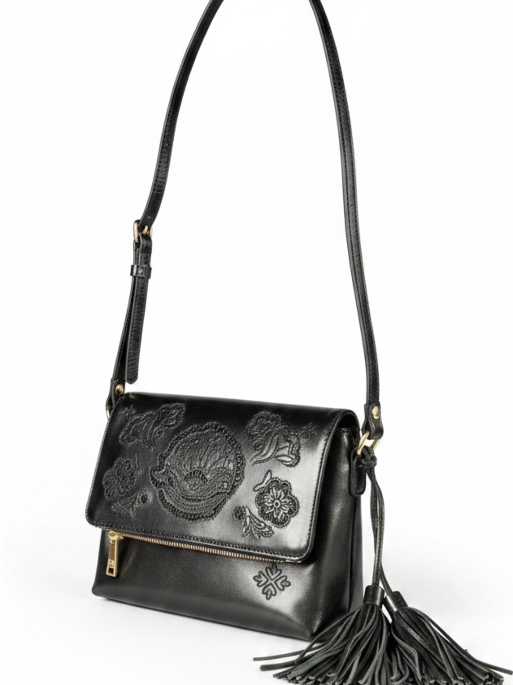 Patricia Nash Black Corfu Leather Crossbody Bag Tooled Lace Floral Purse OS - Picture 3 of 10